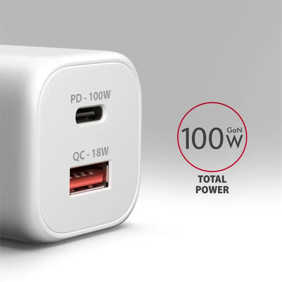 AXAGON ACU-PQ100W, GaN nabíječka do sítě 100W, USB-A + USB-C, PD3.0/PPS/QC4+/SFC2.0/Apple, bílá