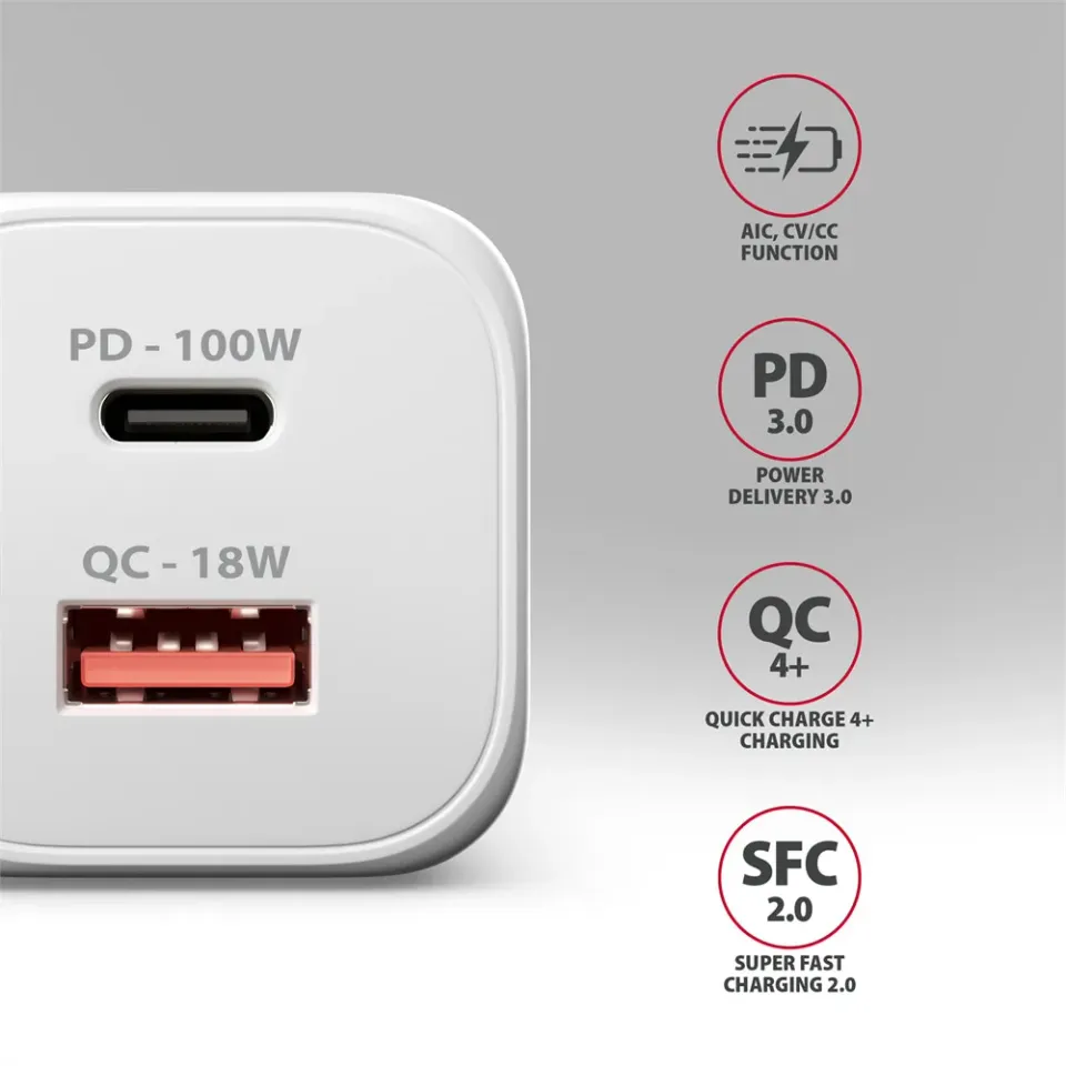 AXAGON ACU-PQ100W, GaN nabíječka do sítě 100W, USB-A + USB-C, PD3.0/PPS/QC4+/SFC2.0/Apple, bílá
