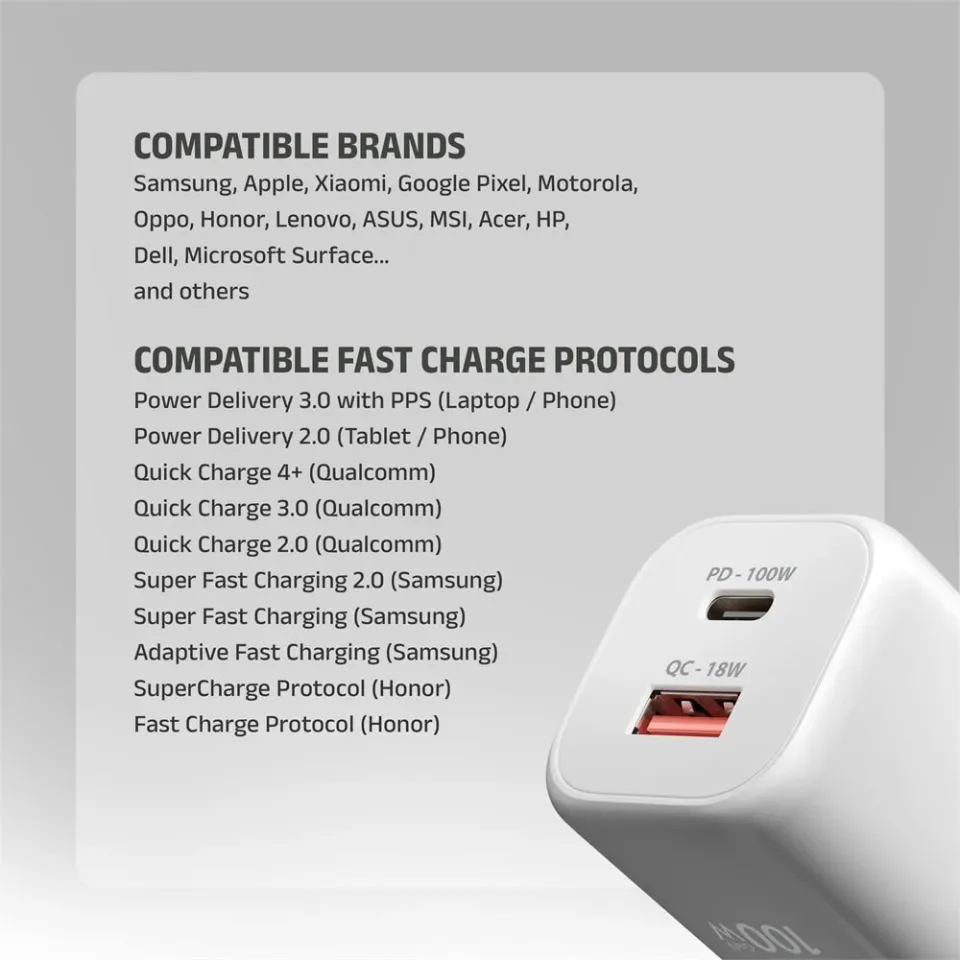 AXAGON ACU-PQ100W, GaN nabíječka do sítě 100W, USB-A + USB-C, PD3.0/PPS/QC4+/SFC2.0/Apple, bílá