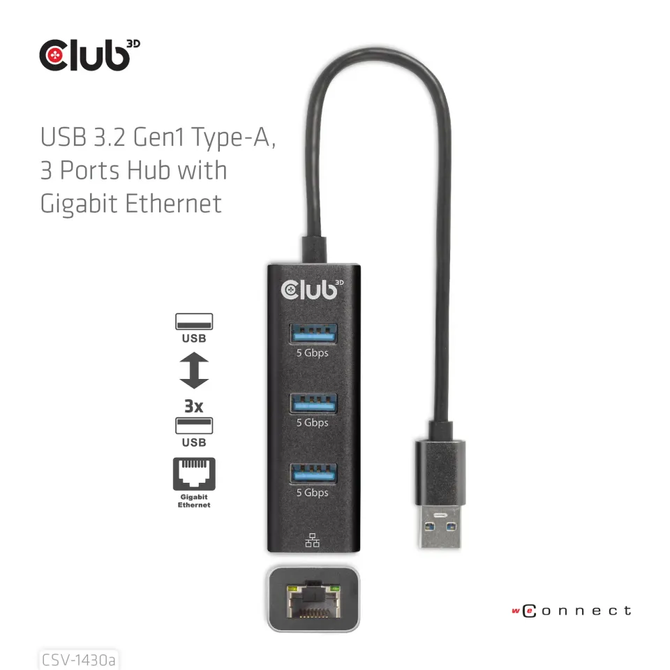 Club3D Rozbočovač, USB-A 3.2 Gen1 na 3x USB 3.1, Gigabit Ethernet