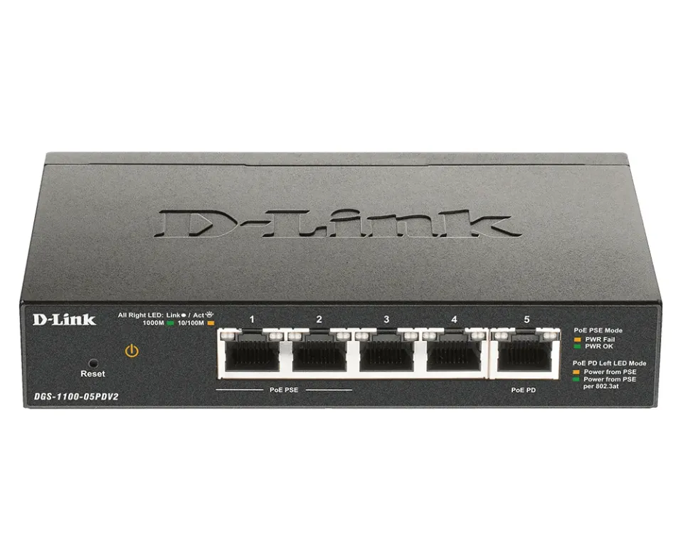 D-Link DGS-1100-05PDV2 5-Port Gigabit PoE Smart Managed Switch with 1 PD port