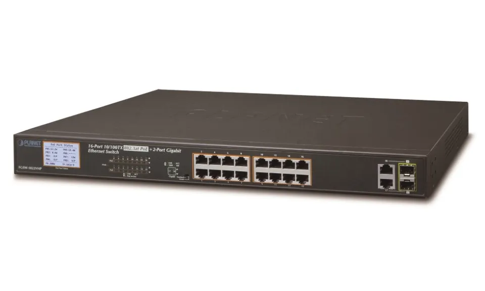 Planet FGSW-1822VHP PoE switch, 16x100,2x1000-TP/SFP, LCD, VLAN, IEEE 802.3at<300W