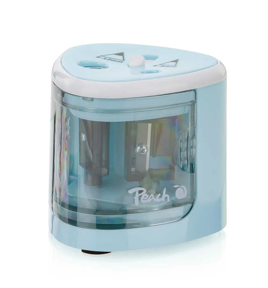PEACH PO102 - elektrické ořezávátko na tužky, 4xAA, dětský zámek, modré
