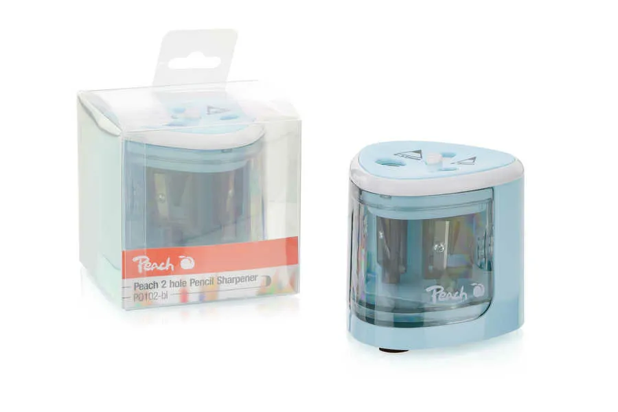 PEACH PO102 - elektrické ořezávátko na tužky, 4xAA, dětský zámek, modré