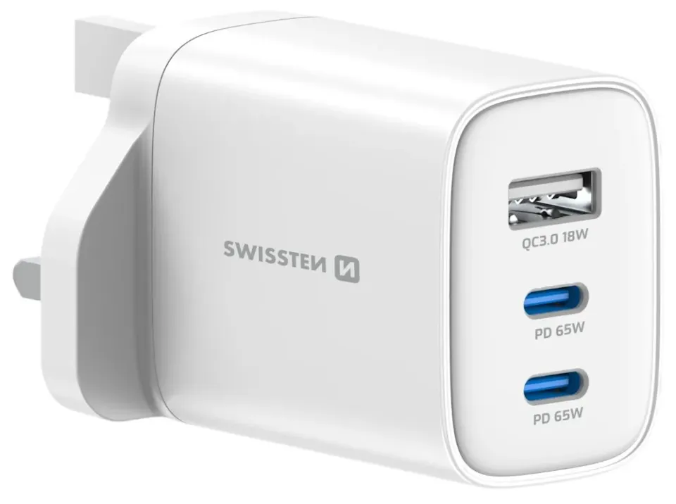 Swissten Síťový Adaptér Edge GaN 2x USB-C PD 65W + 1x USB-A 18W QC, Pro UK Zásuvku Bílý