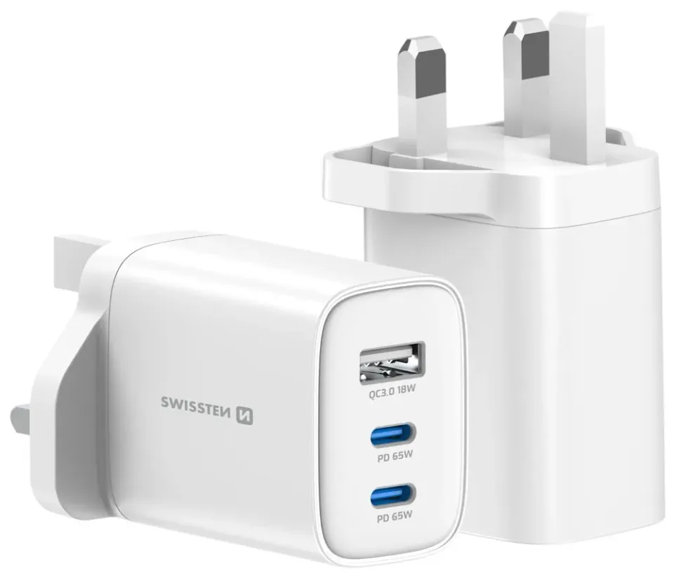 Swissten Síťový Adaptér Edge GaN 2x USB-C PD 65W + 1x USB-A 18W QC, Pro UK Zásuvku Bílý