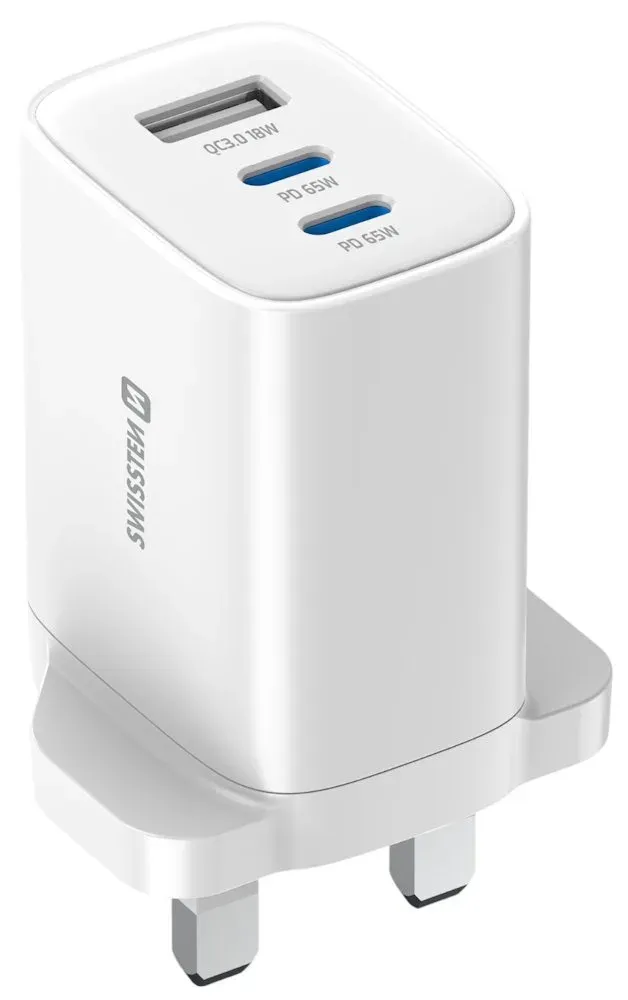 Swissten Síťový Adaptér Edge GaN 2x USB-C PD 65W + 1x USB-A 18W QC, Pro UK Zásuvku Bílý