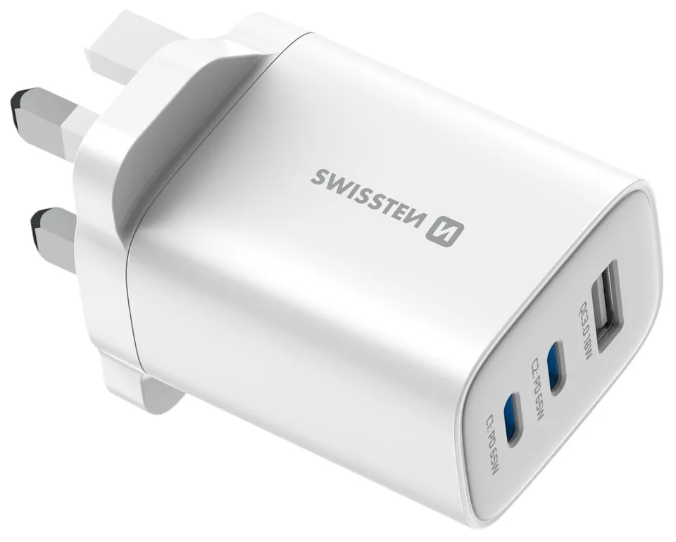 Swissten Síťový Adaptér Edge GaN 2x USB-C PD 65W + 1x USB-A 18W QC, Pro UK Zásuvku Bílý