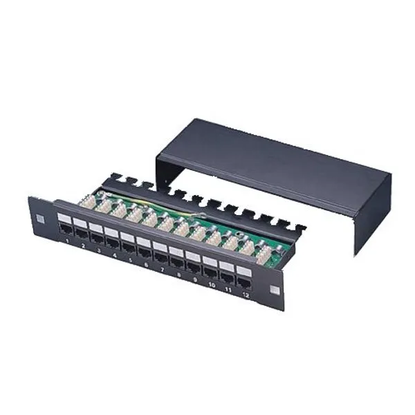 XtendLan Patch panel 10", 12 portů, 1U, Cat5e, stíněný, LSA, s krytem, vodorovné umístění konektorů, zemnič, černý