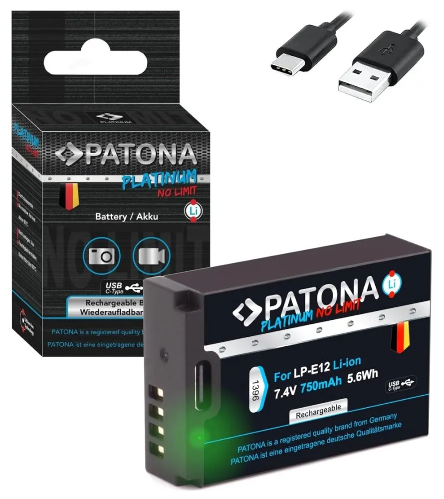 PATONA baterie pro foto Canon LP-E12 750mAh Li-Ion Platinum USB-C nabíjení