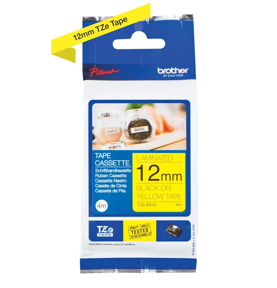 BROTHER TZE631S - kazeta TZ šířky 12mm, laminovaná TZE-631S, žlutá/černé písmo - 4metry