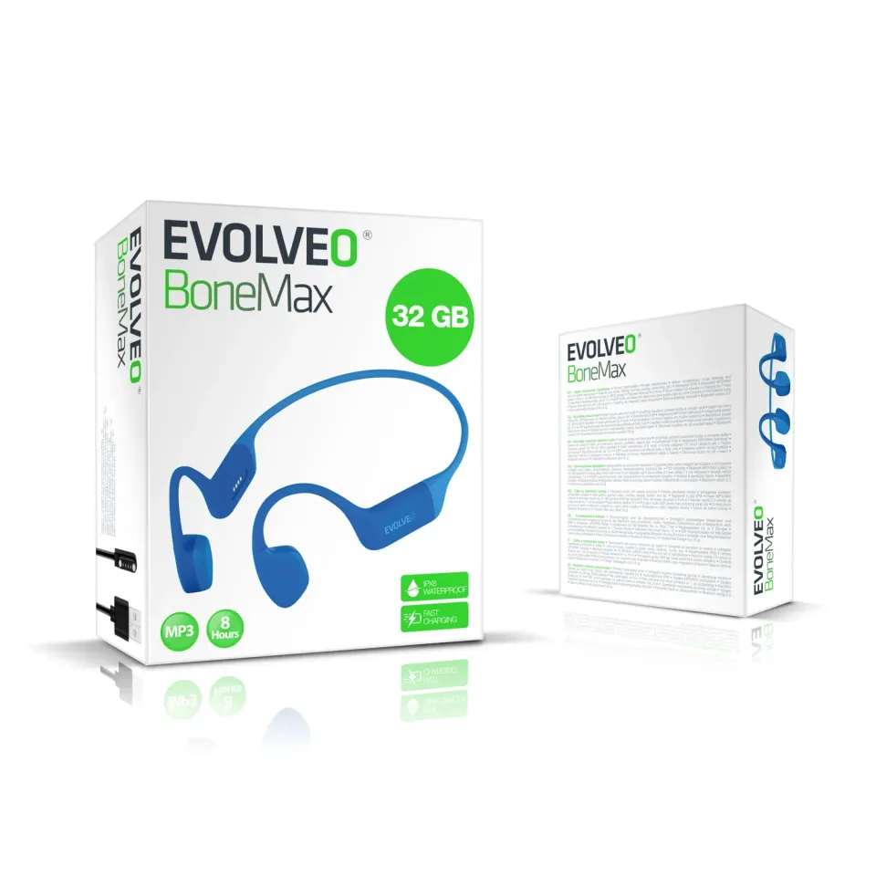 EVOLVEO BoneMax, bezdrátová sluchátka na lícní kosti, MP3 32GB, IPX8, modré