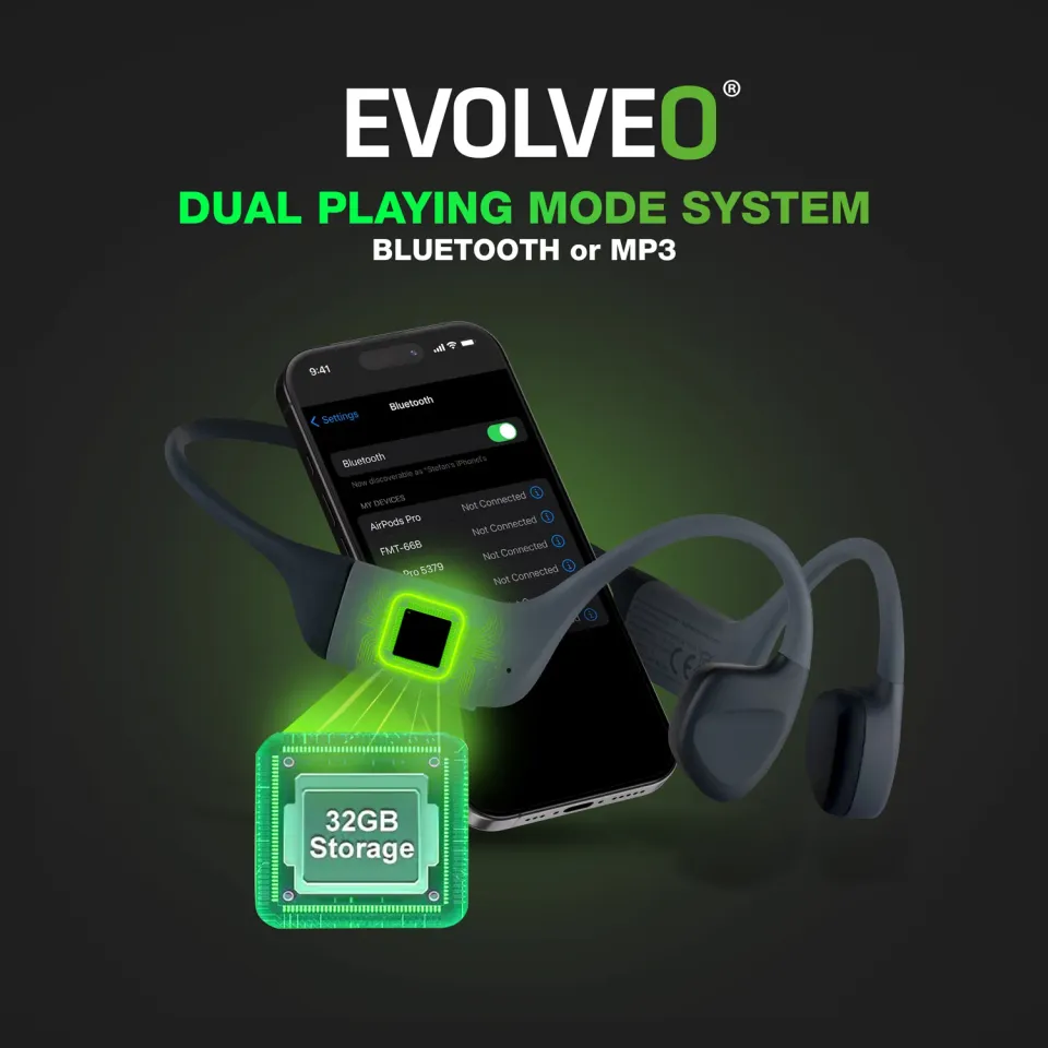 EVOLVEO BoneMax, bezdrátová sluchátka na lícní kosti, MP3 32GB, IPX8, modré