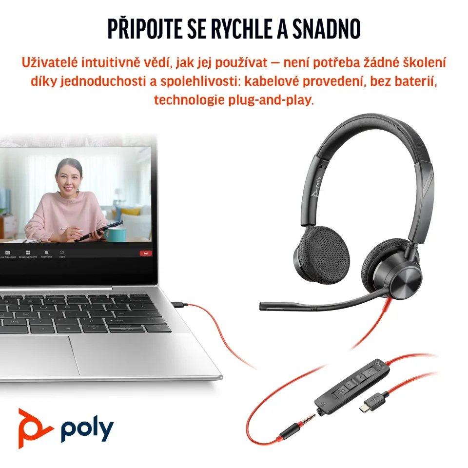 HP Poly Blackwire 3325 náhlavní souprava, MS Teams Certified, 3.5 mm jack + USB-C/A adaptér, stereo