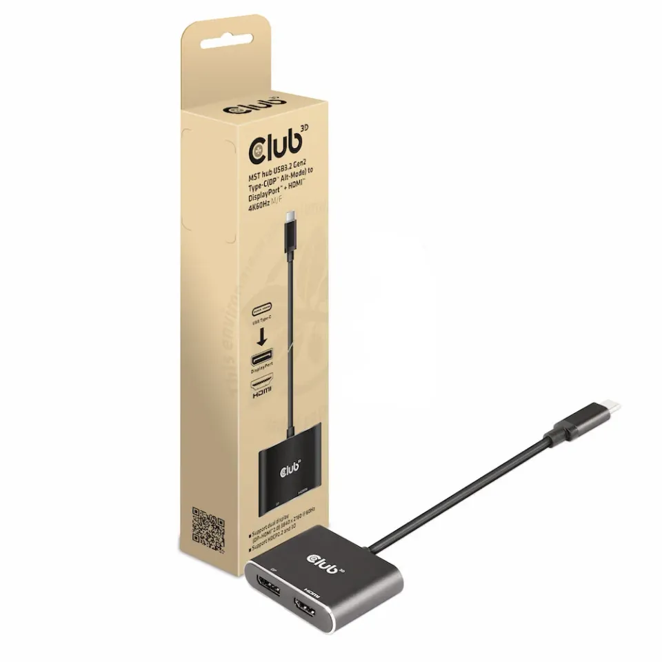 Club3D hub MST (Multi Stream Transport) USB3.2 Gen2 Type-C(DP Alt-Mode) na DisplayPort + HDMI 4K60Hz (M/F)