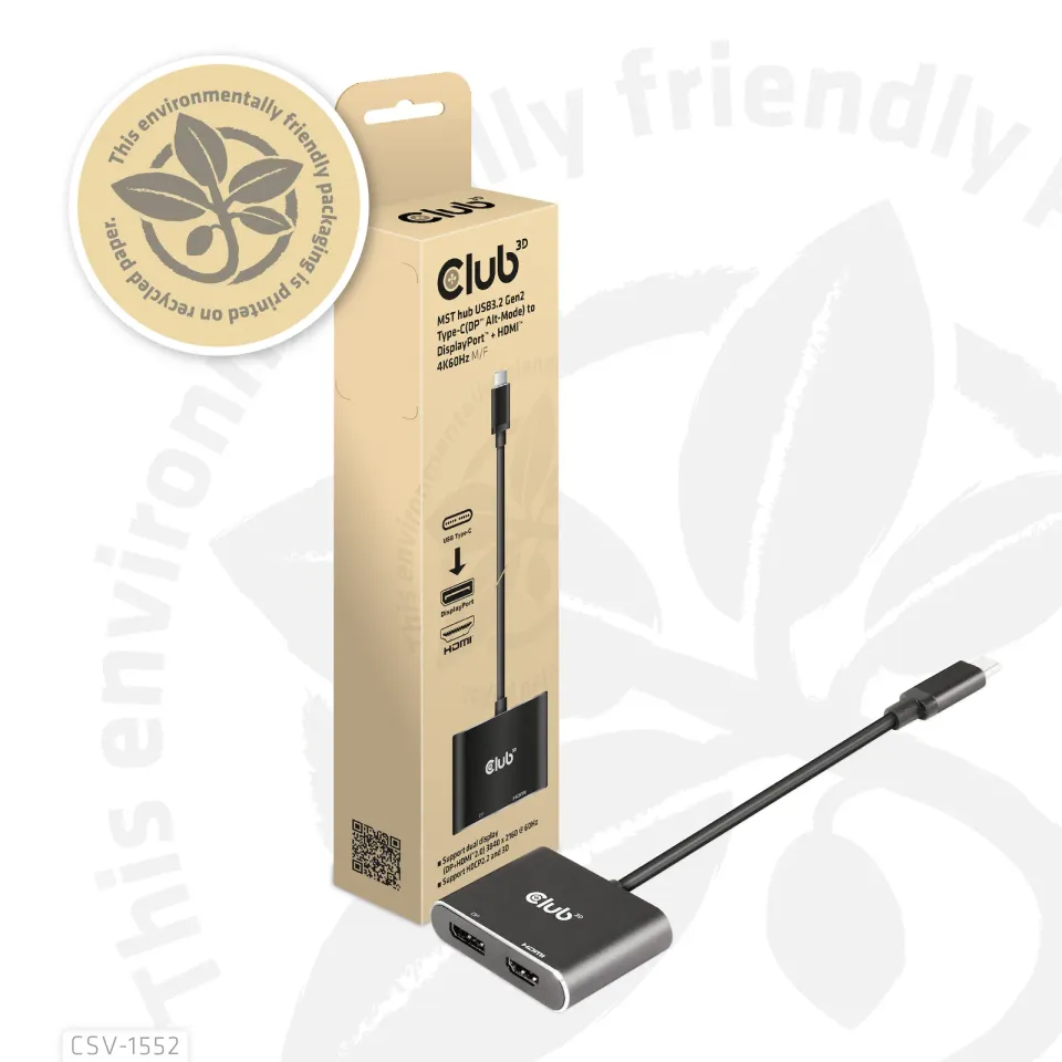 Club3D hub MST (Multi Stream Transport) USB3.2 Gen2 Type-C(DP Alt-Mode) na DisplayPort + HDMI 4K60Hz (M/F)