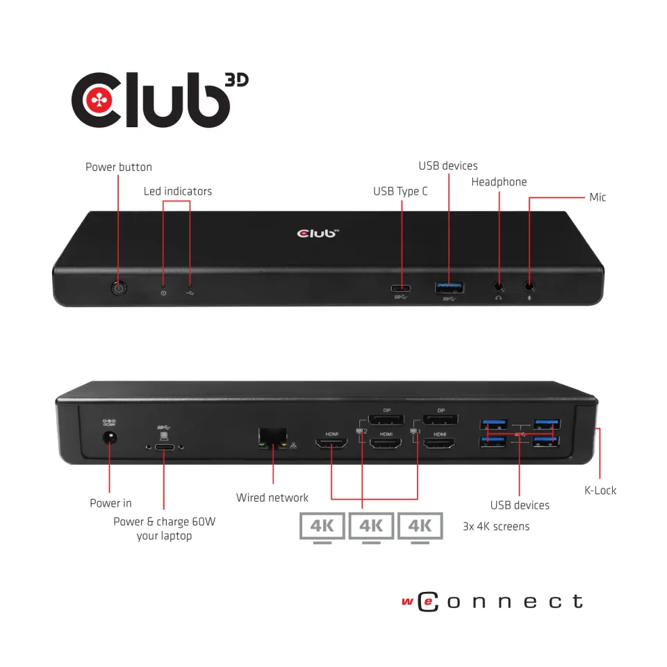 Club3D Dokovací stanice USB-C 13v1, 2xDP, 3xHDMI, 1xUSB-C, 5xUSB, 1xRJ45, 1x3.5mm, černá