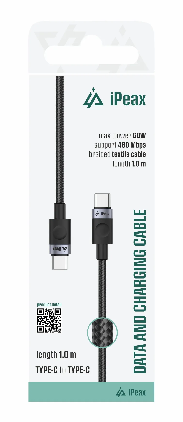 TEXTILNÍ KABEL USB-C / USB-C 1M, USB 2.0 ČERNÝ