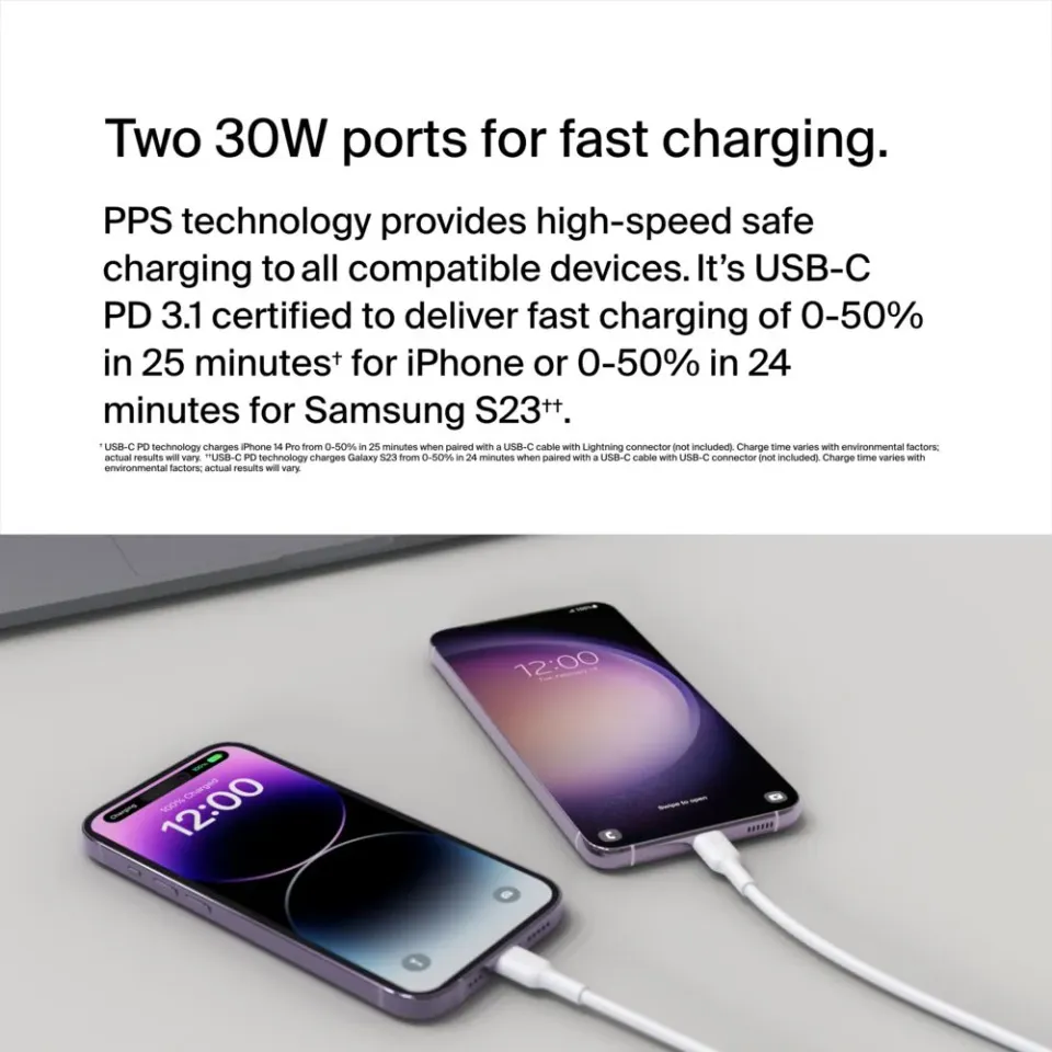 Belkin BOOST CHARGE Duální 60W USB-C Power Delivery PPS nástěnná nabíječka, bílá