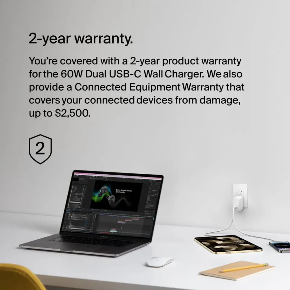 Belkin BOOST CHARGE Duální 60W USB-C Power Delivery PPS nástěnná nabíječka, bílá
