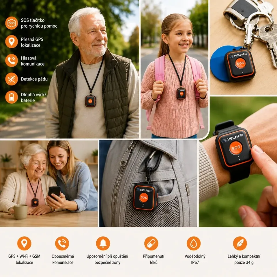 HELMER GPS SOS lokátor (přívěsek) LK 717/ detekce pádu/ IP67/ krokoměr/ připomenutí užívání léků/ hlasová komunikace