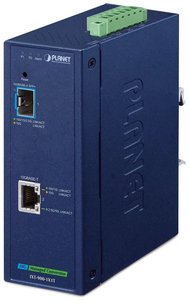Planet IXT-900-1X1T průmyslový konvertor 1x 10G Base-T / SFP+ 10GBase-X, IP40, -40~75°C, dual power, SNMP