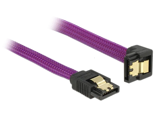 Delock SATA kabel 6 Gb/s, 50 cm otočený dole/rovný, kovové svorky, fialový Premi