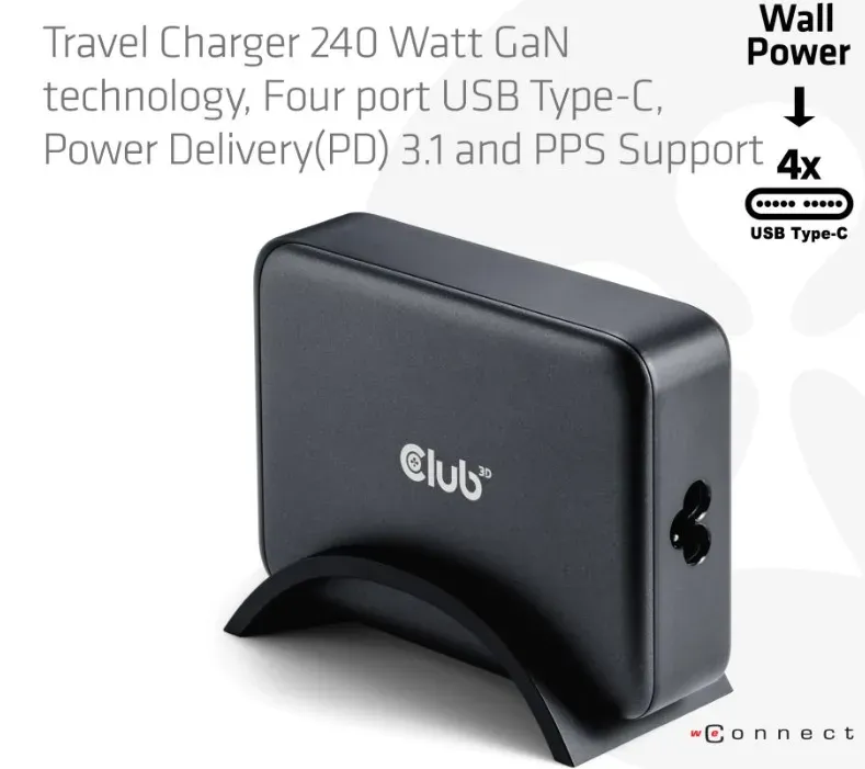Club3D cestovní nabíječka 240W GaN technologie, 4xUSB-C, PPS + PD 3.1 Support