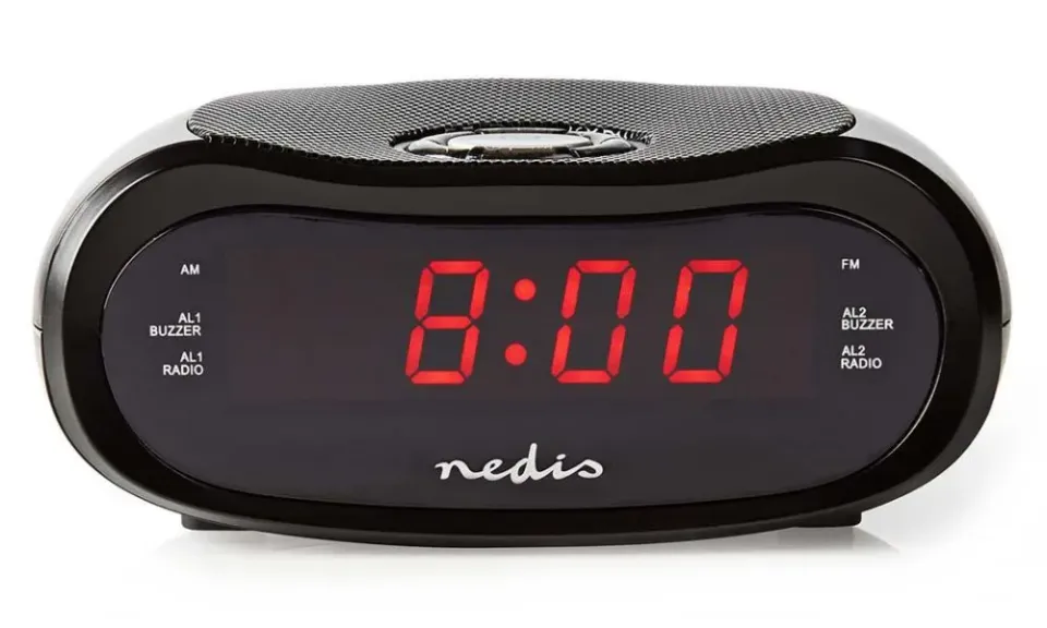 NEDIS digitální budík s rádiem/ LED displej/ AM/ FM/ funkce odloženého buzení/ časovač vypnutí/ 2 alarmy/ černý