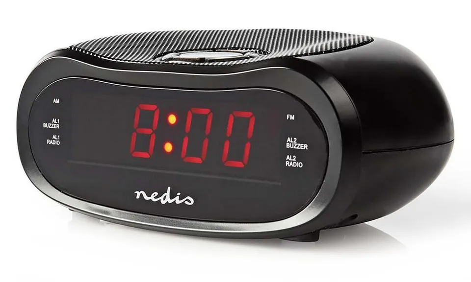 NEDIS digitální budík s rádiem/ LED displej/ AM/ FM/ funkce odloženého buzení/ časovač vypnutí/ 2 alarmy/ černý