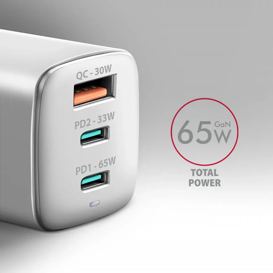 AXAGON ACU-DPQ65W, GaN nabíječka do sítě 65W, 3x port (USB-A + dual USB-C), PD3.
