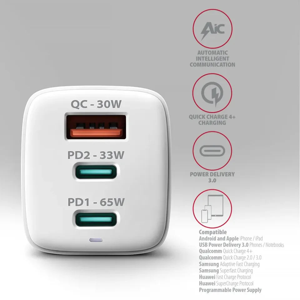 AXAGON ACU-DPQ65W, GaN nabíječka do sítě 65W, 3x port (USB-A + dual USB-C), PD3.