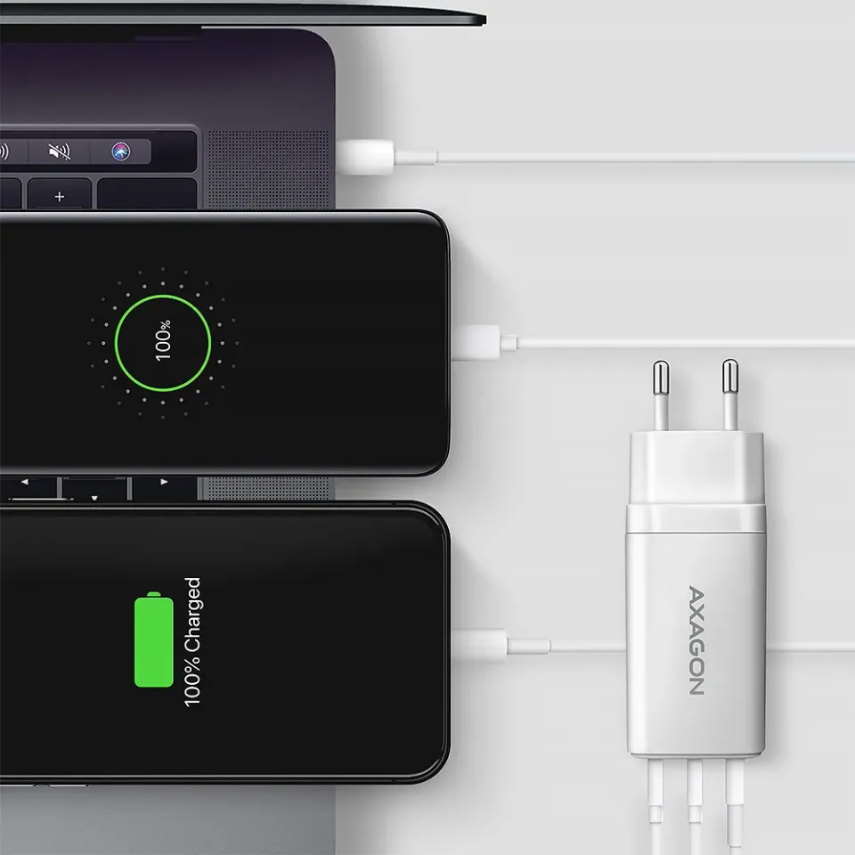 AXAGON ACU-DPQ65W, GaN nabíječka do sítě 65W, 3x port (USB-A + dual USB-C), PD3.
