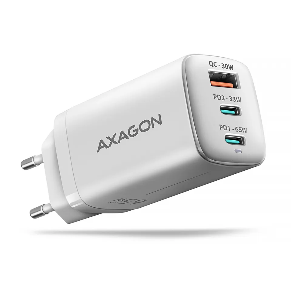 AXAGON ACU-DPQ65W, GaN nabíječka do sítě 65W, 3x port (USB-A + dual USB-C), PD3.