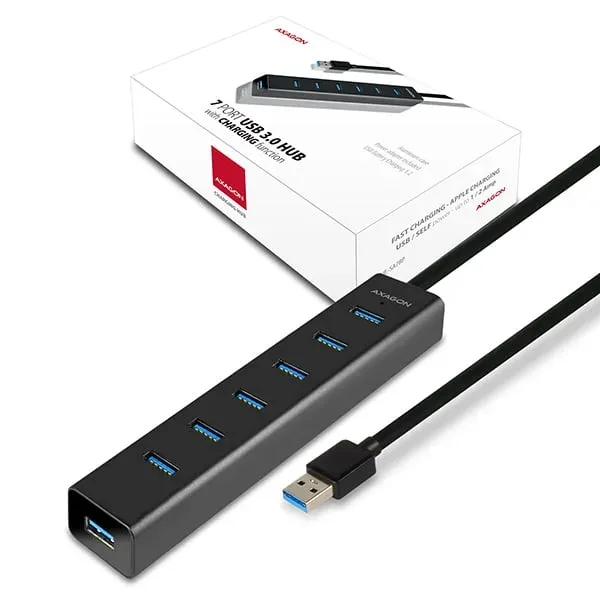 AXAGON HUE-SA7BP, 7x USB3.0 ALU CHARGING hub vč. AC adapteru