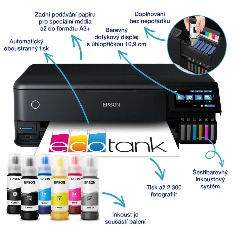 EPSON tiskárna ink EcoTank L8180, 3v1, A3, 28ppm, USB, LCD panel, Foto tiskárna, 6ink,Záruka 5 let po registraci zdarm