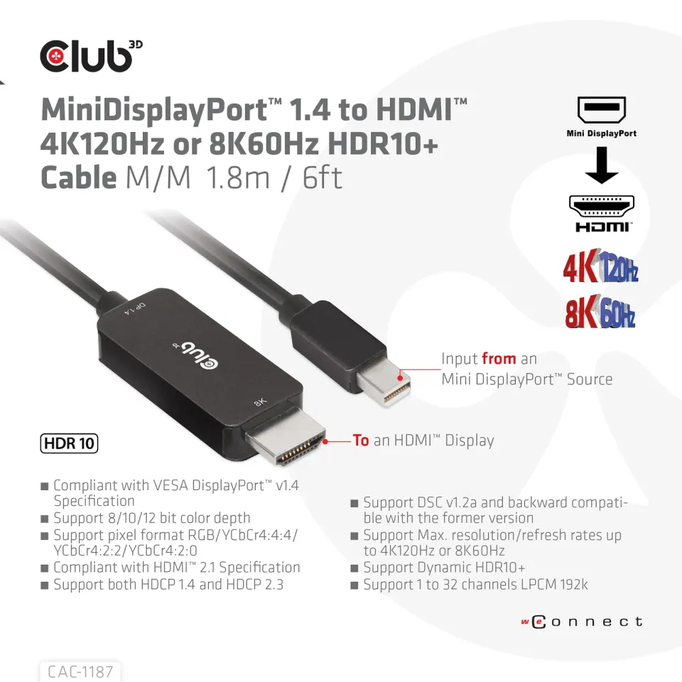 Club3D kabel miniDP 1.4 na HDMI, 4K120Hz nebo 8K60Hz HDR10+, M/M, 1.8m