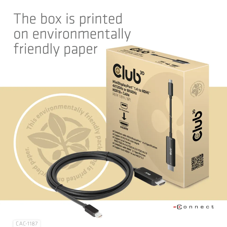 Club3D kabel miniDP 1.4 na HDMI, 4K120Hz nebo 8K60Hz HDR10+, M/M, 1.8m