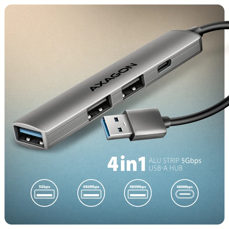 AXAGON HUE-STA, 4x USB ALU STRIP hub, 1x USB-A 5Gbps, 2x USB-A & 1x USB-C 480Mbp