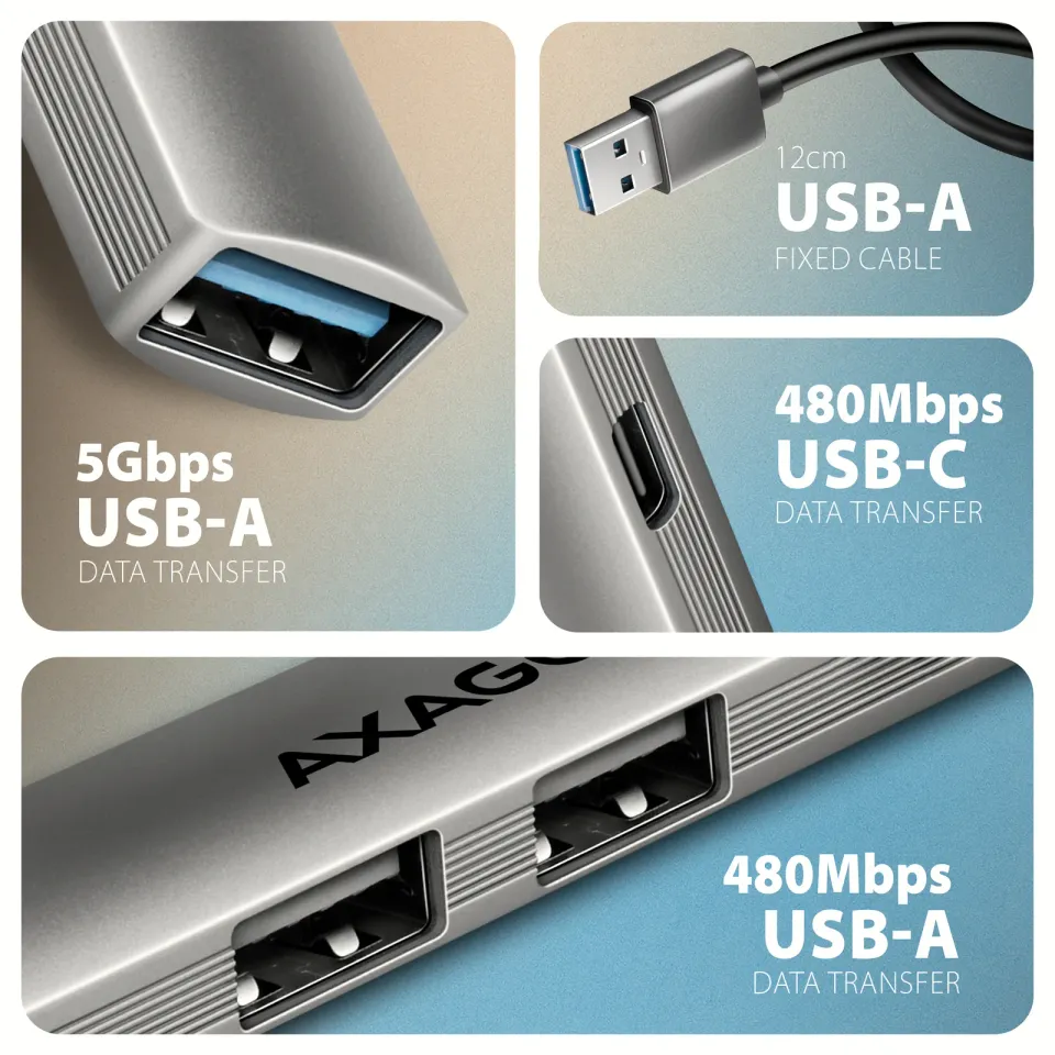 AXAGON HUE-STA, 4x USB ALU STRIP hub, 1x USB-A 5Gbps, 2x USB-A & 1x USB-C 480Mbp