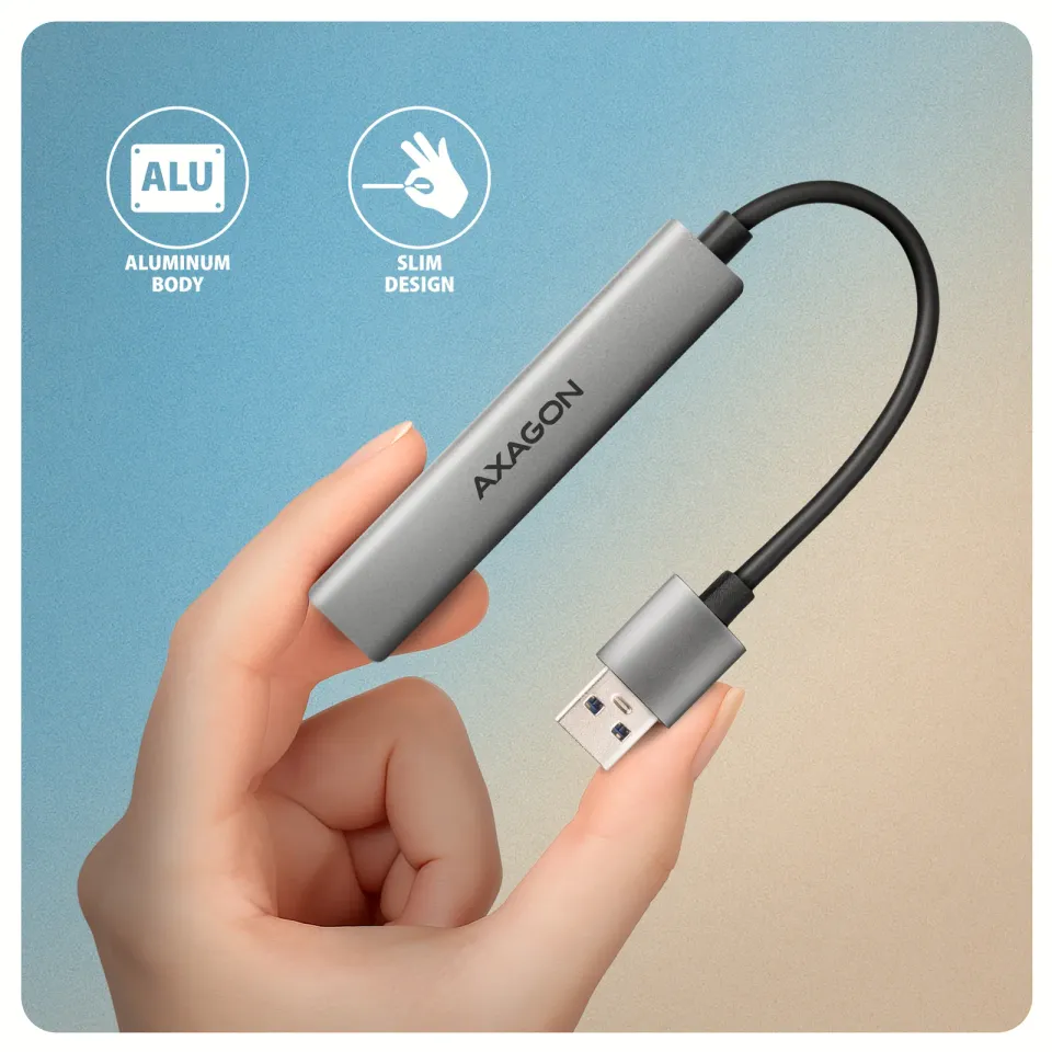 AXAGON HUE-STA, 4x USB ALU STRIP hub, 1x USB-A 5Gbps, 2x USB-A & 1x USB-C 480Mbp