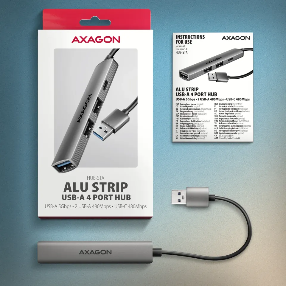 AXAGON HUE-STA, 4x USB ALU STRIP hub, 1x USB-A 5Gbps, 2x USB-A & 1x USB-C 480Mbp