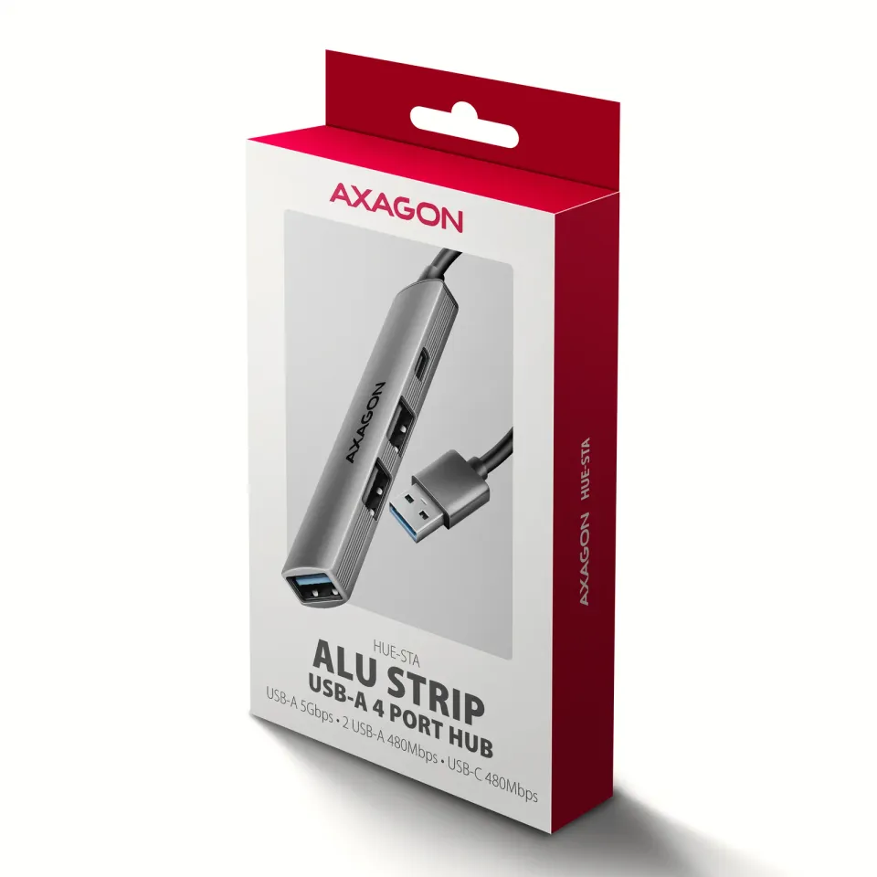 AXAGON HUE-STA, 4x USB ALU STRIP hub, 1x USB-A 5Gbps, 2x USB-A & 1x USB-C 480Mbp