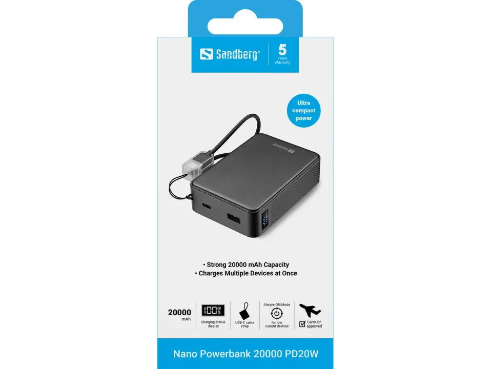 Sandberg Nano Powerbank 20000 mAh PD20W, kompaktní powerbanka s USB-C kabelem, černá