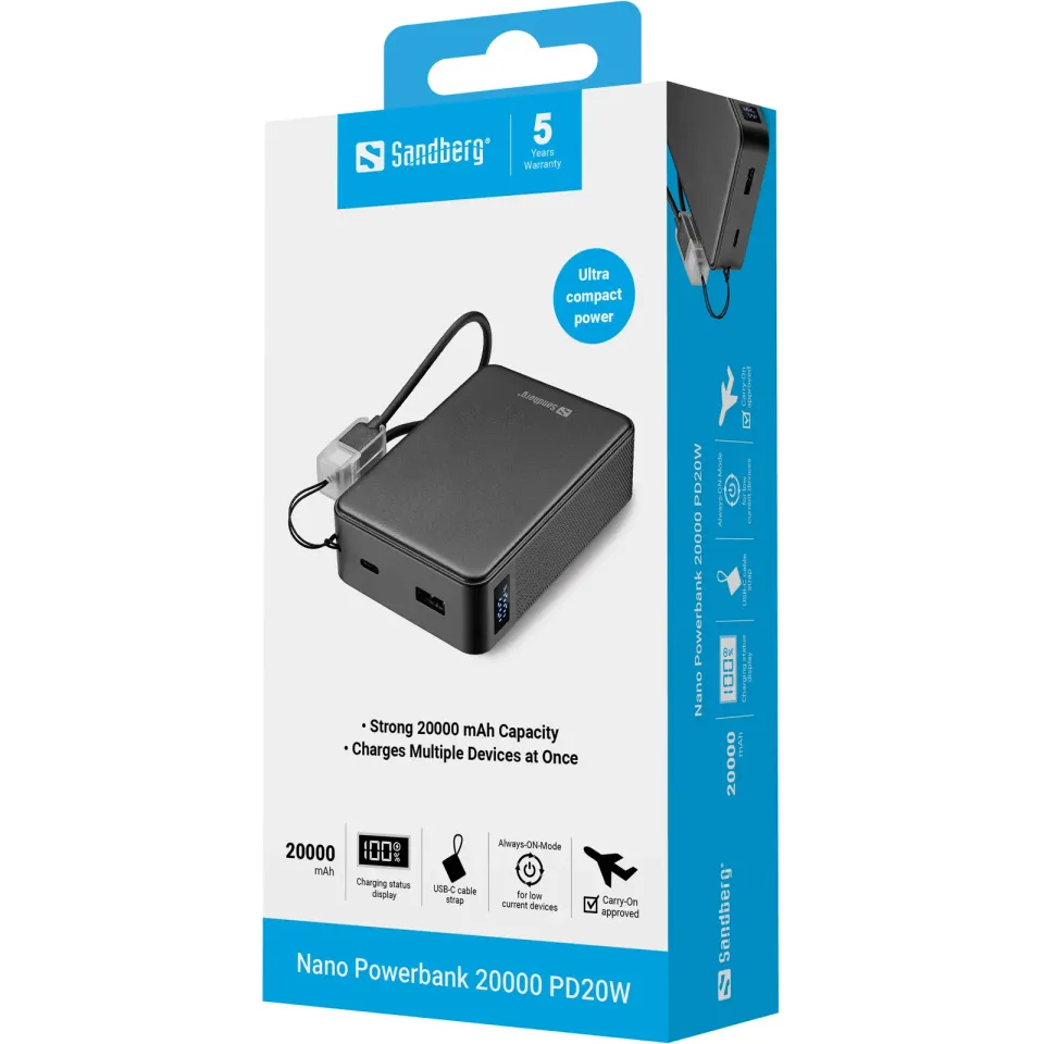 Sandberg Nano Powerbank 20000 mAh PD20W, kompaktní powerbanka s USB-C kabelem, černá