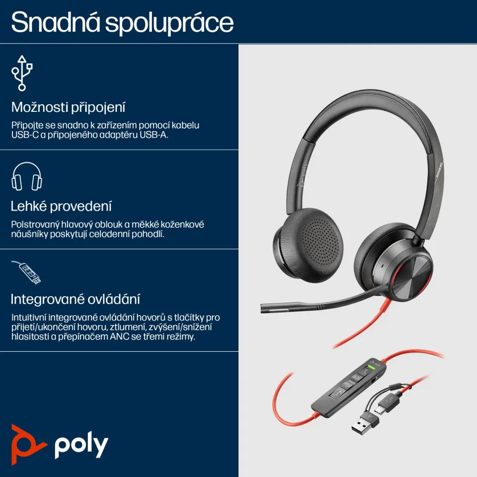 Poly Blackwire 8225 MS Teams náhlavní souprava, USB-C/A adaptér, stereo