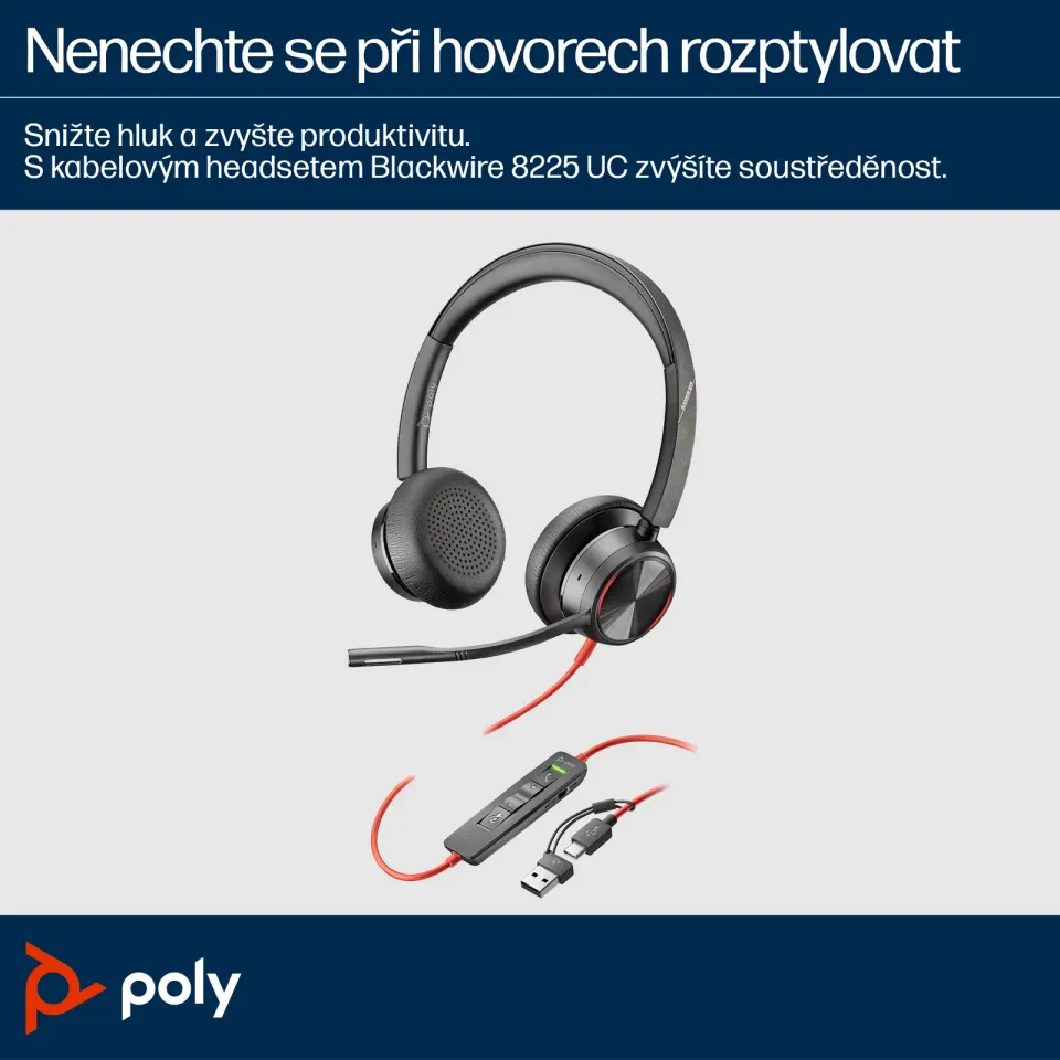 Poly Blackwire 8225 MS Teams náhlavní souprava, USB-C/A adaptér, stereo