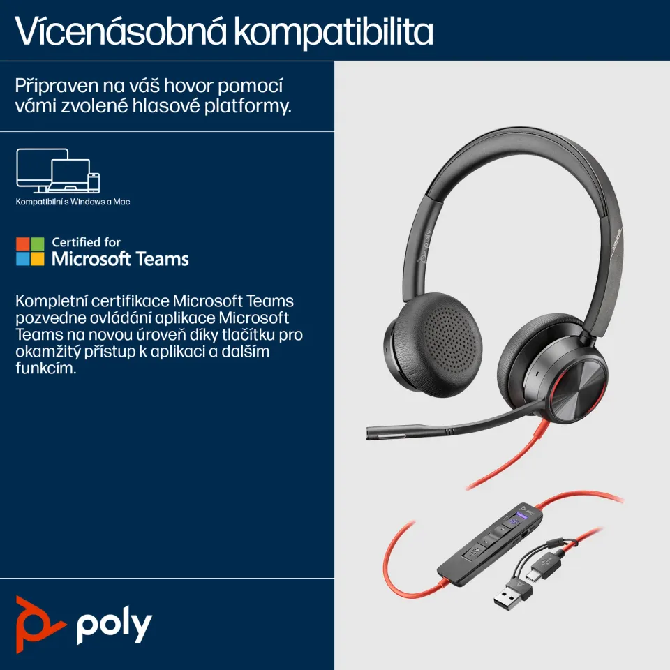 Poly Blackwire 8225 MS Teams náhlavní souprava, USB-C/A adaptér, stereo