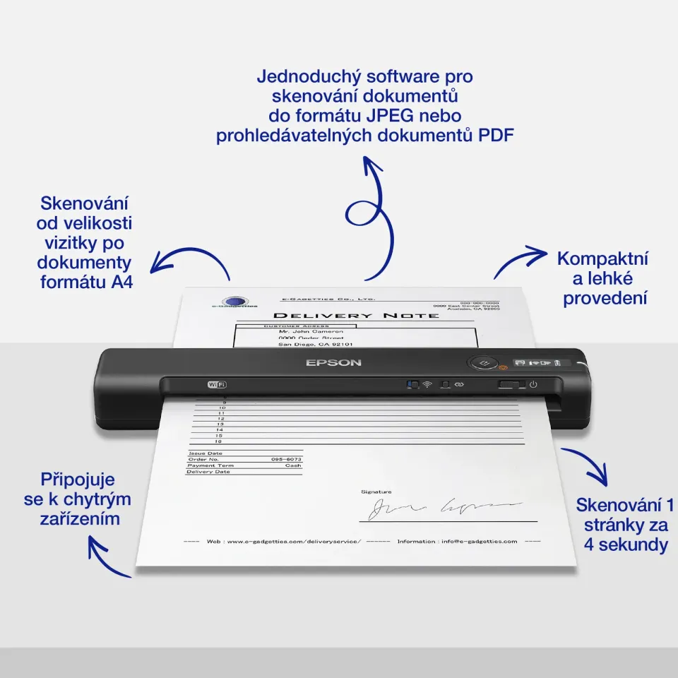 EPSON skener WorkForce ES-60W - A4/600x600dpi/USB/Wi-Fi/mobilní