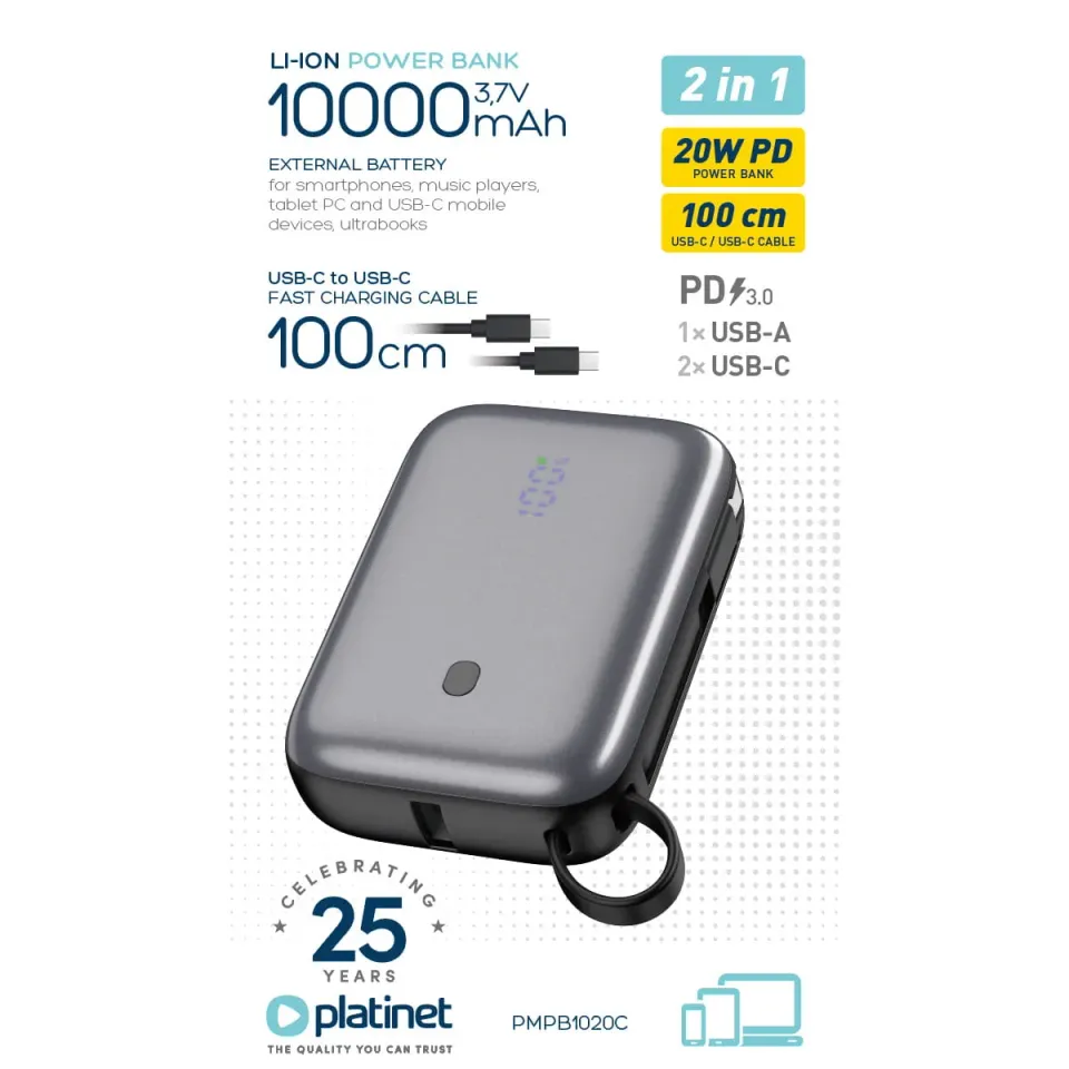 Platinet Powerbanka 10000 mAh 20W Power Delivery, 2xUSB-C, 1xUSB-A, kabel USB-C 1m, černá